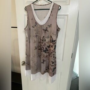 Sleeveless Butterfly Print Midi Dress in Taupe and White